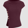Boat Neck Asymmetrical Hem Metal Button Split Short Sleeve Top in Maroon