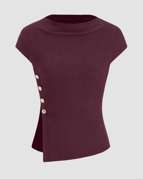 Boat Neck Asymmetrical Hem Metal Button Split Short Sleeve Top in Maroon