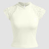 Collar Floral Lace Patched Short Sleeve Top in Beige