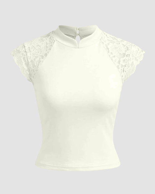 Collar Floral Lace Patched Short Sleeve Top in Beige