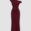Asymmetrical Shoulder Ruched Waist Fit Dress in Maroon