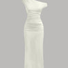 Asymmetrical Shoulder Ruched Waist Fit Dress in Beige