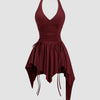 Vintage Punk Halter Asymmetric Cinched Waist Mini Dress in Maroon