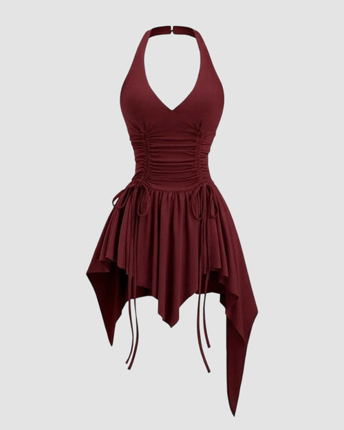 Vintage Punk Halter Asymmetric Cinched Waist Mini Dress in Maroon