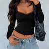 Lace Trim Ruched Bust Fitted Long Sleeve Top in Black