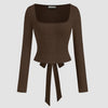 Square Neck Long Sleeve Contrasting Tie Back Top in Coffee Brown