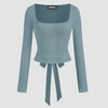 Square Neck Long Sleeve Contrasting Lace Tie Back Top in Dusk Blue