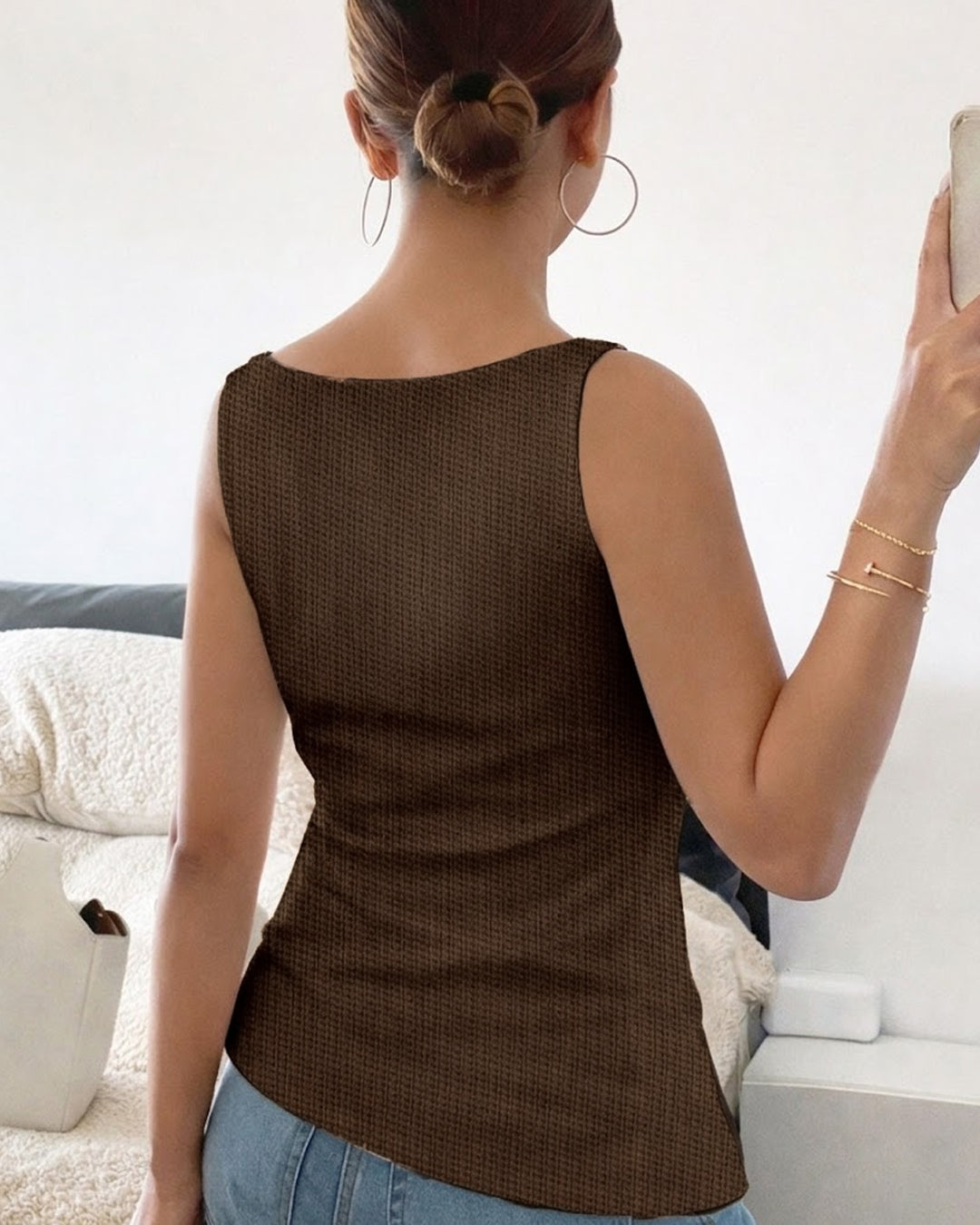 Sleeveless Textured Horizontal Stripes Top in Coffee Brown