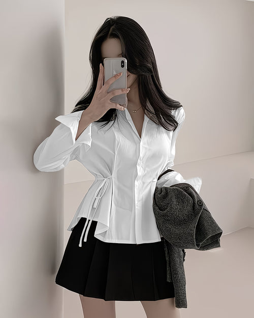 Long-Sleeve Waist Tied Shirt in White