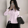 Long-Sleeve Waist Tied Shirt in Baby Pink