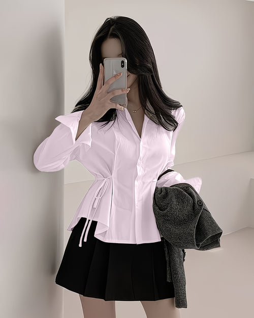 Long-Sleeve Waist Tied Shirt in Baby Pink