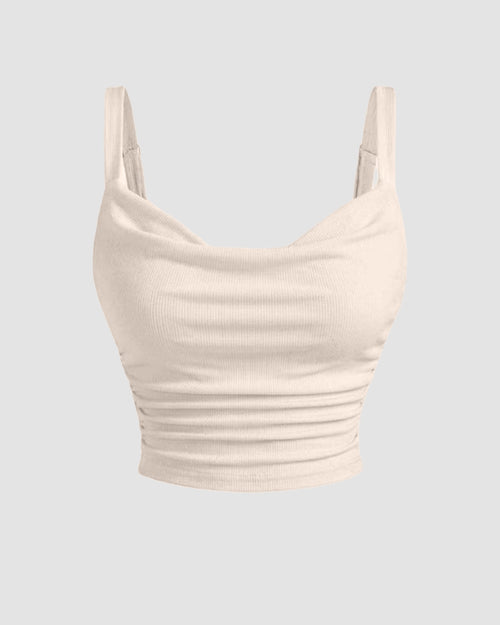 Ruched Cowl Neck Cami Top in Beige