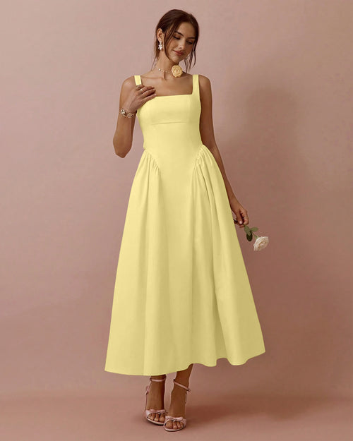 Square Neck Pleated Sleeveless V Waist Dress in Vanilla