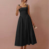 Square Neck Pleated Sleeveless V Waist Dress in Black