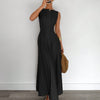Split Pleated Waist A-Line Maxi Dress in Black