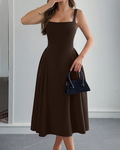 Square Neck Backless Strap Sleeveless Midi Dress in Cocoa Brown