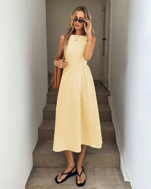 Striped Boat Neck Cinched Waist A-Line Midi Dress in Yellow