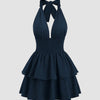 Cinched Waist Bow Halter Neck Mini Dress in Navy Blue