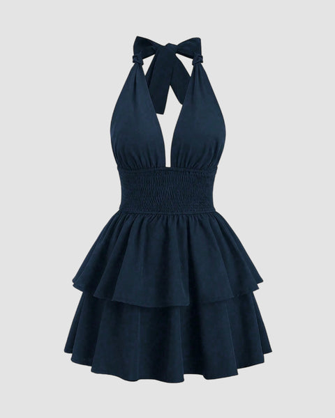 Cinched Waist Bow Halter Neck Mini Dress in Navy Blue