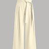 Mid Rise Pleated Tie Side Straight Leg Trousers in Beige