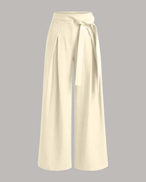 Mid Rise Pleated Tie Side Straight Leg Trousers in Beige