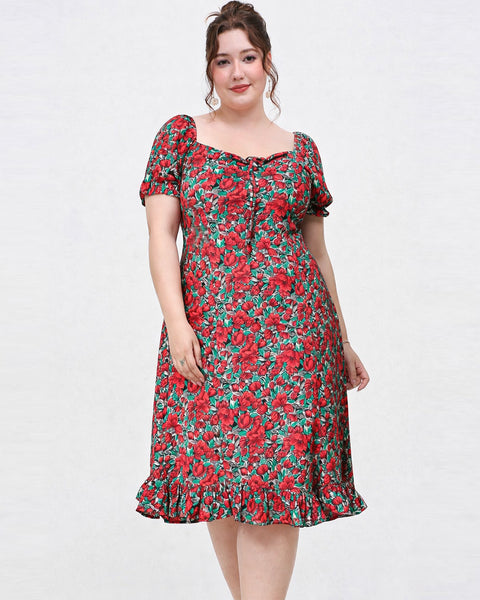 Floral Midi Puff Sleeve Flowy Dress Curve & Plus