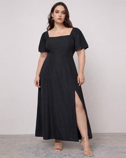 Puff Sleeve Side Slit Floor Length Dress Curve & Plus in Navy Blue