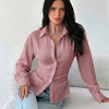 Collar Plaid Ruched Long Sleeve Shirt in Pink