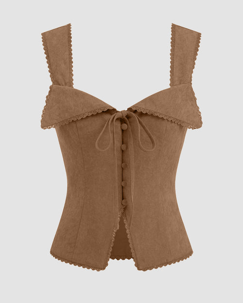Sweetheart Lace Tie Back Tank Top in Brown