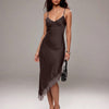 Satin Lace Trim Asymmetrical Sleeveless Midi Dress in Coffee
