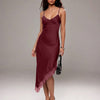 Satin Lace Trim Asymmetrical Sleeveless Midi Dress in Red