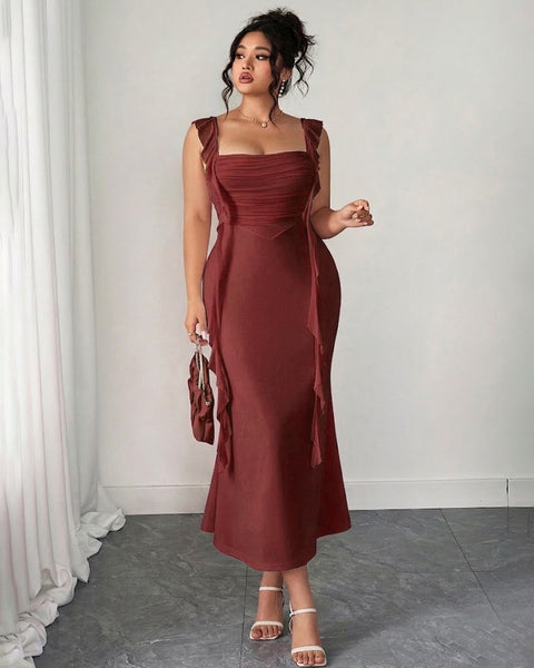 Mesh Fairy Tassel Mermaid Dress Curve & Plus in Maroon