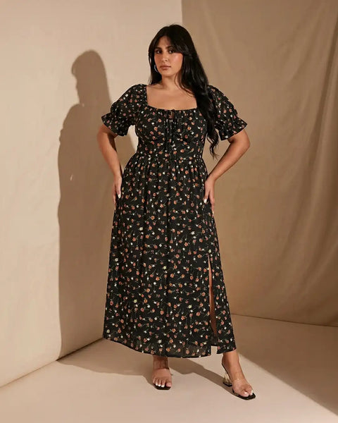 Floral Square Neck Puff Sleeve Slit A line Dress Curve & Plus
