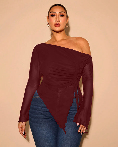 Mesh Drawstring Side Top Curve & Plus in Maroon