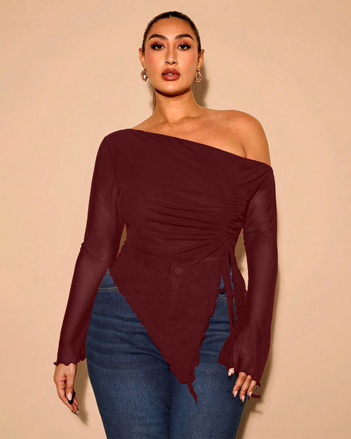 Mesh Drawstring Side Top Curve & Plus in Maroon