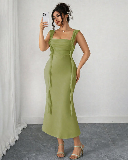 Mesh Fairy Tassel Mermaid Dress Curve & Plus in Herbal Green