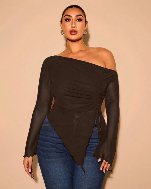 Mesh Drawstring Side Top Curve & Plus in Coco Brown