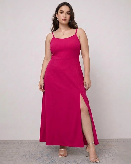 Spaghetti Strap Side Slit Bodycon Dress Curve & Plus in Deep Pink