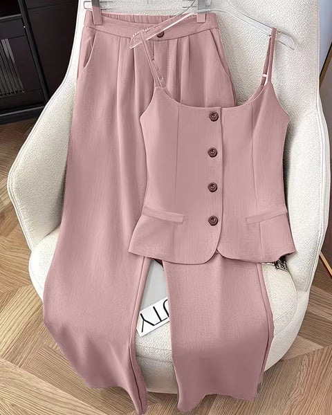 Sleeveless Regular Button Down Top And A Line Straight Trousers Set in Pink