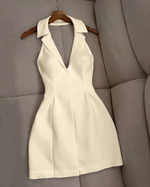 Collared Sleeveless V-Neck Fitted Mini Dress in Beige