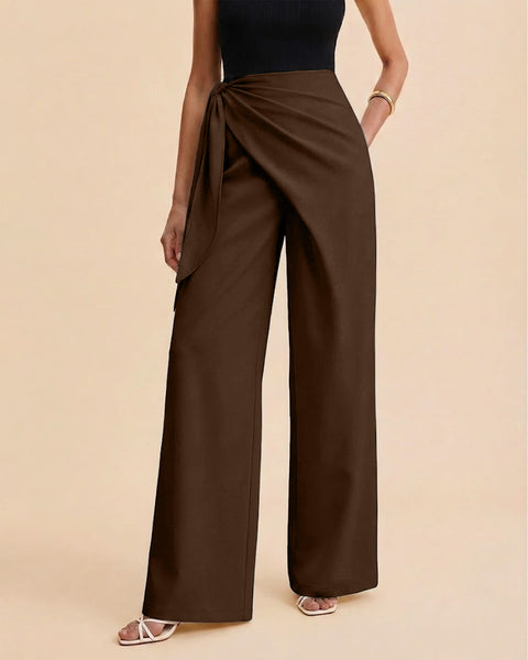 Side Knot Draped Wrap Wide-Leg Pant in Coco Brown