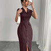 Striped Lapel Collar Button Front Midi Dress in Wine