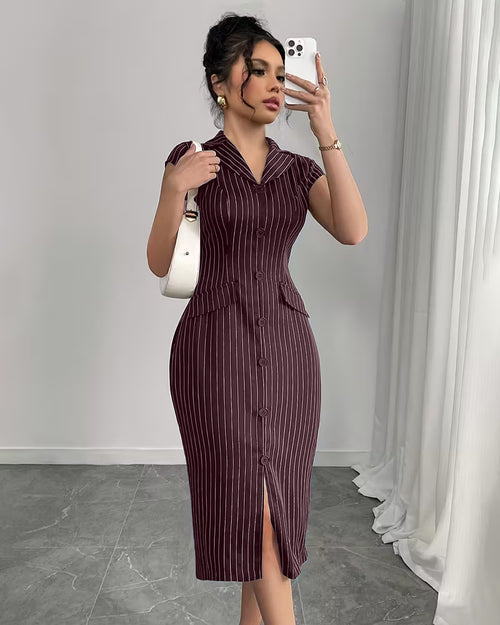 Striped Lapel Collar Button Front Midi Dress in Wine