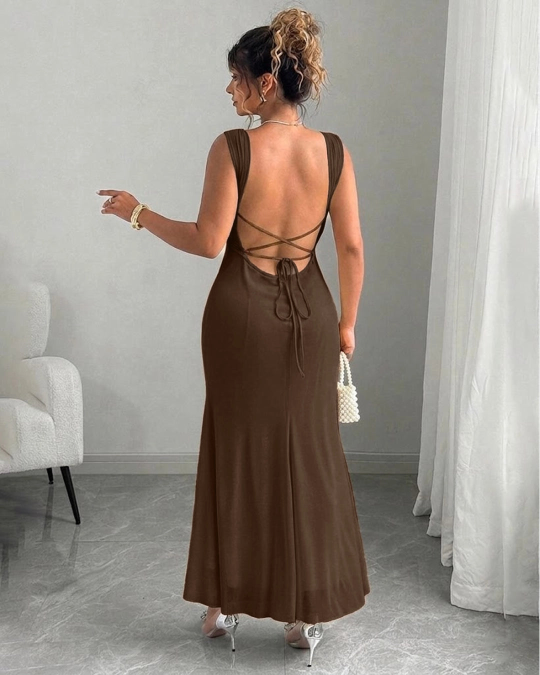 Strap Ruched Backless Knot Tie Dress Curve & Plus in Coco Brown- Littlebox India Strap Ruched Backless Knot Tie Dress Curve & Plus in Coco Brown- Littlebox India