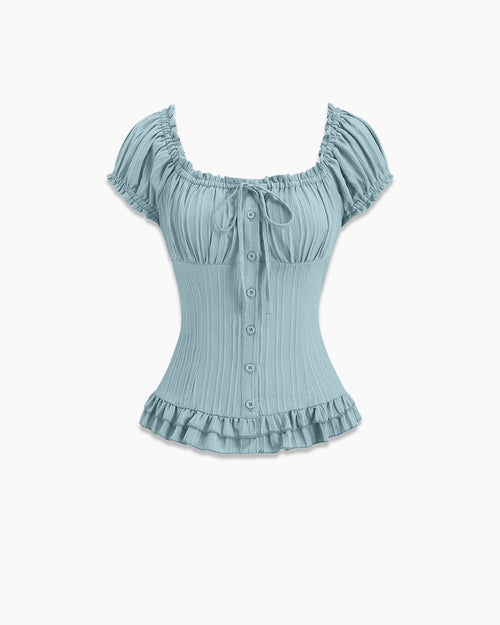 Ruffle Hem Frill Trim Tie Short Sleeve Top in Powder Blue