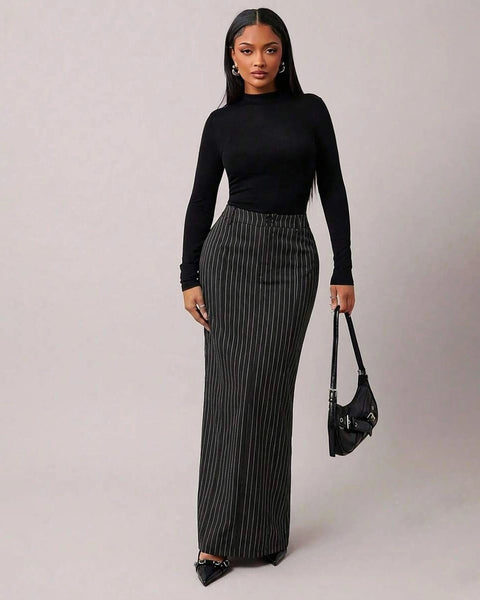 Striped High Waist Straight A line Skirt in Black