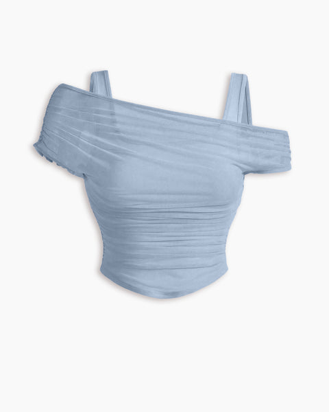 Mesh See-Through Off-Shoulder Top Curve & Plus in Dusty Blue