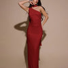 Asymmetrical Neck Ruched Bodycon Mesh Dress With Scarf in Dark Red
