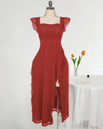 Square Neck Ruffle Trim Slit Fitted Dress Curve & Plus in Dark Red-  Littlebox India