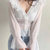 V-Neck Ruffle Trim Flared Cuff Full Sleeve Top in White